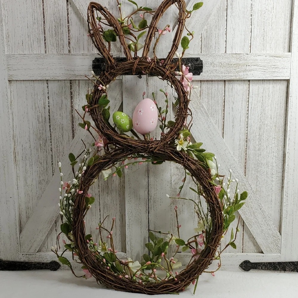 Easter Bunny Shaped Grapevine Holiday Wreath with Pastel Eggs & Flowers